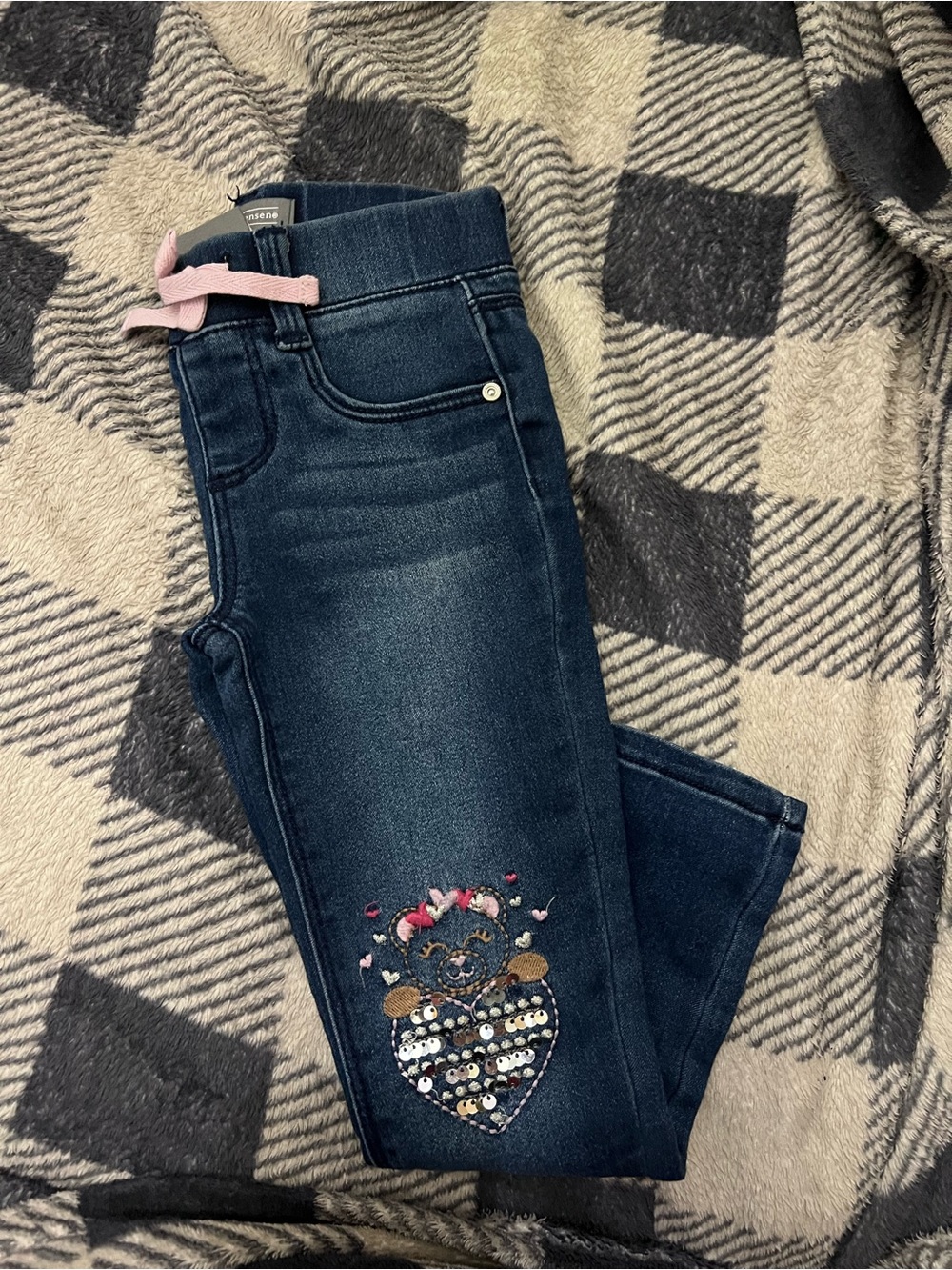 Girls' Dark Wash Embroidered Heart Jeans with Pink Drawstring